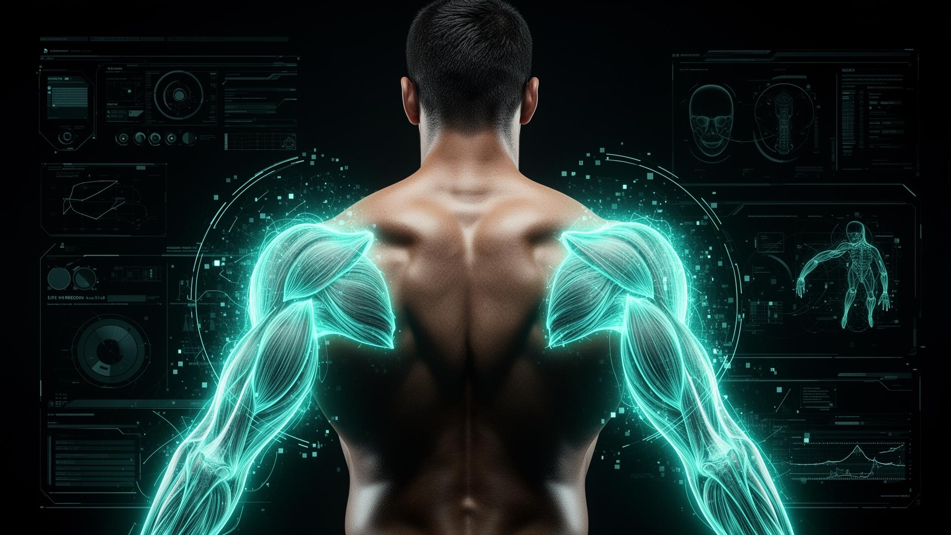 Elite athlete with futuristic medical scan overlay showing muscle recovery analytics