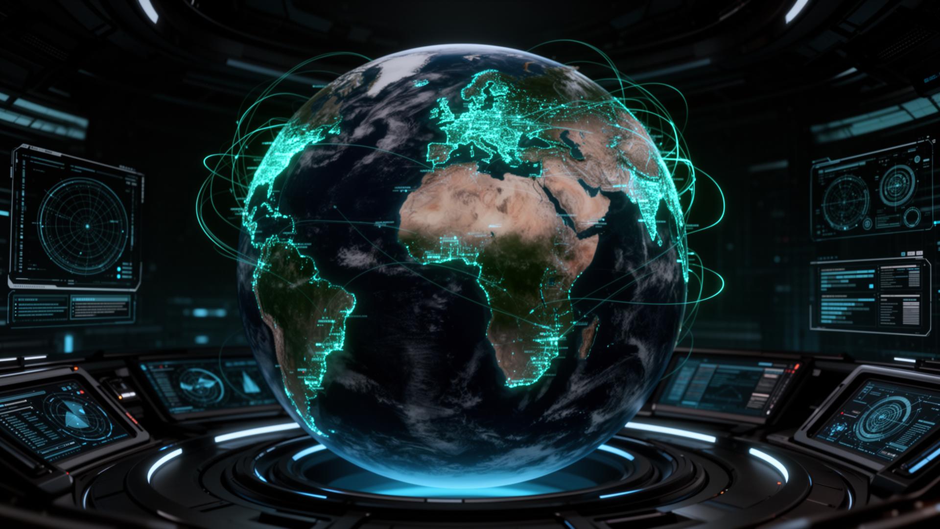 OlyLife global operations network across 143+ countries visualised on a holographic globe