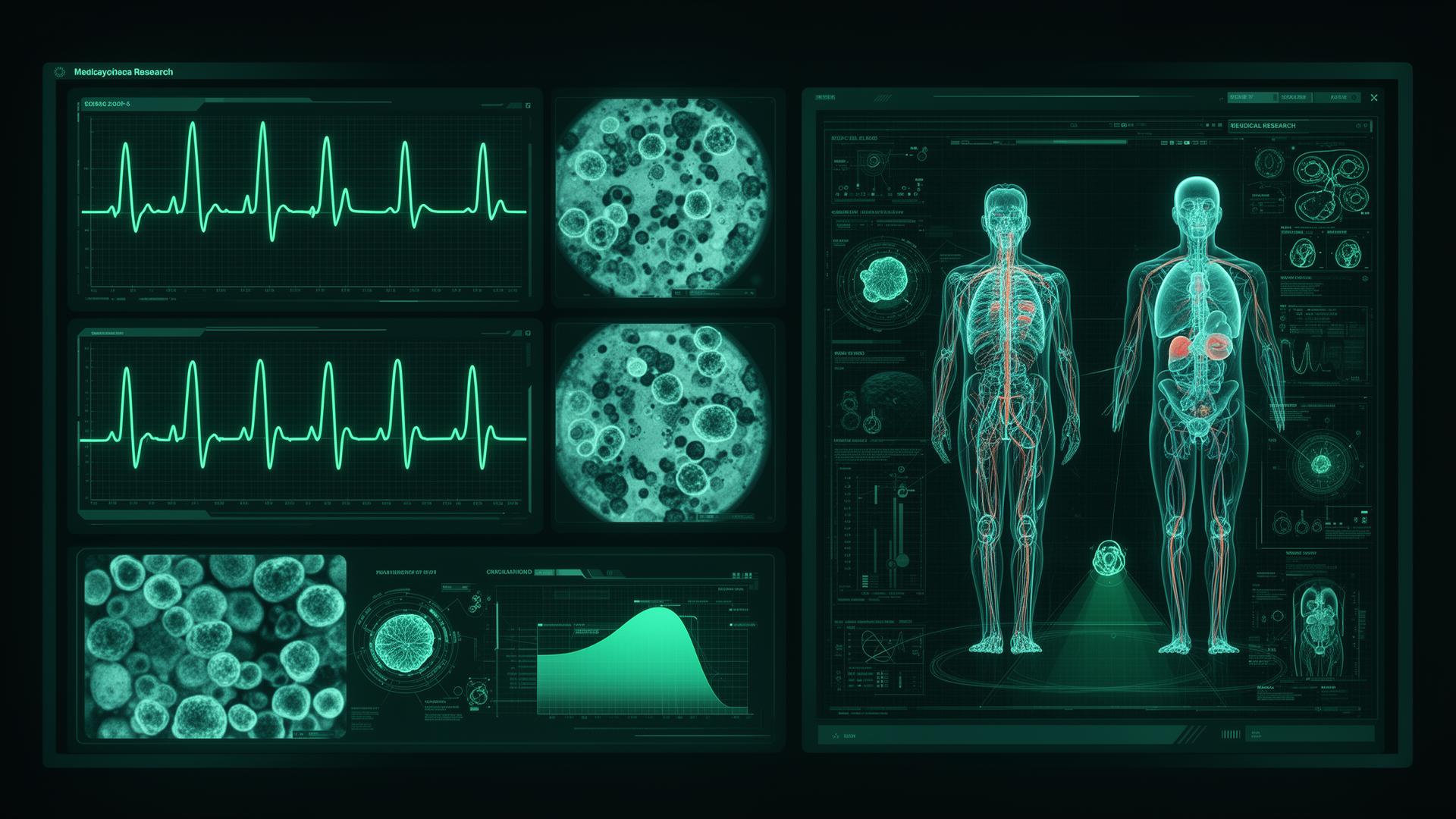 Medical research dashboard with ECG waveforms, cellular microscopy and circulation data
