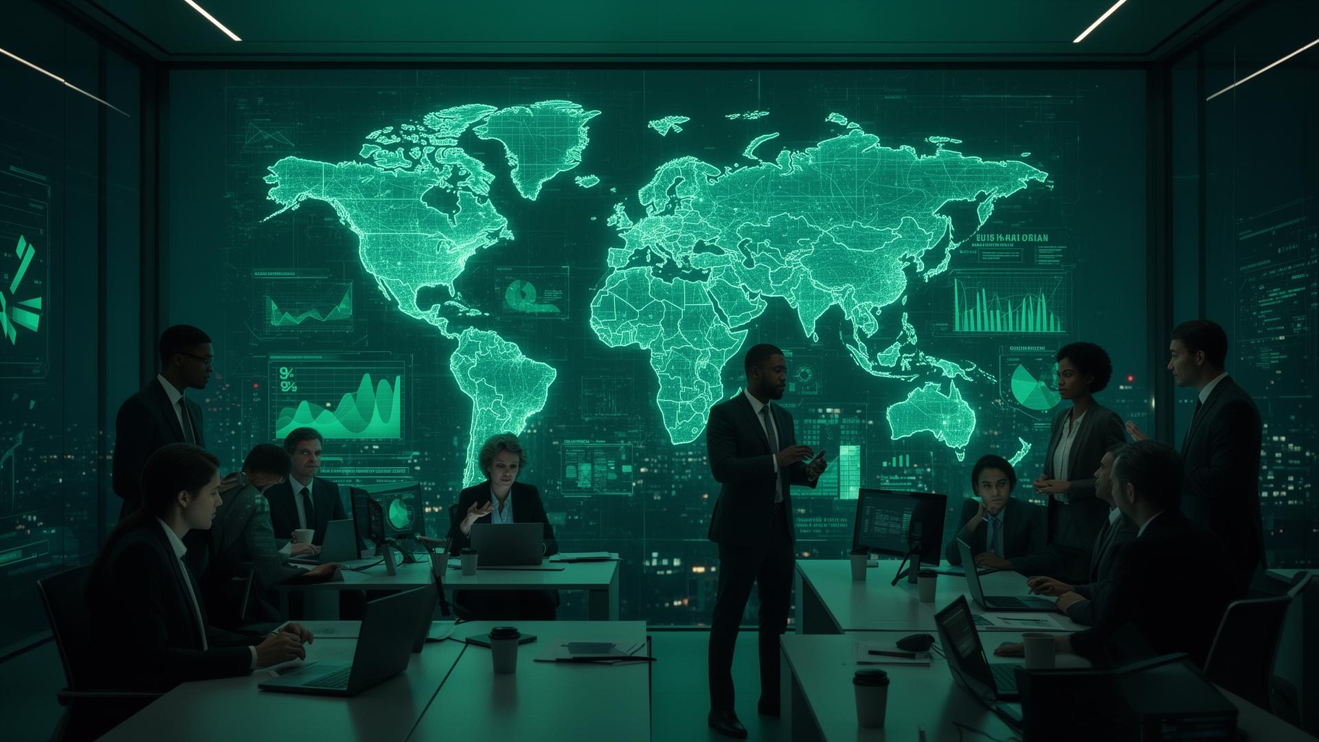 Global OlyLife business team collaborating in a modern command-centre with holographic world map